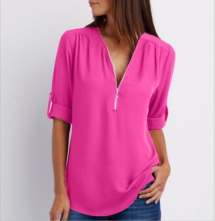 Casual Zip V-Neck Top – Loose Fit Summer Shirt
