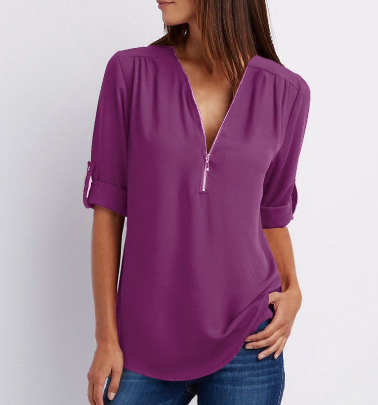 Casual Zip V-Neck Top – Loose Fit Summer Shirt