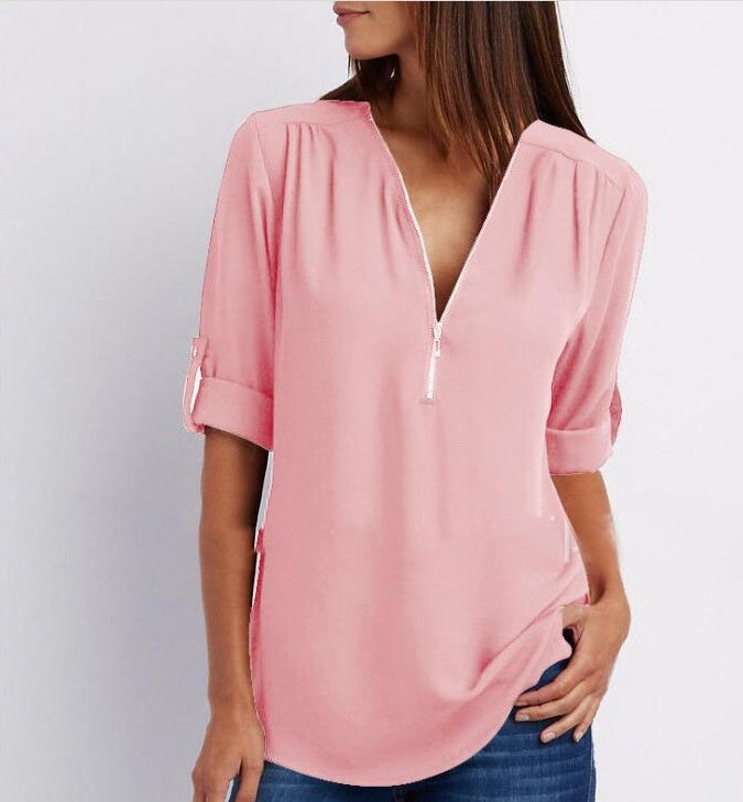 Casual Zip V-Neck Top – Loose Fit Summer Shirt