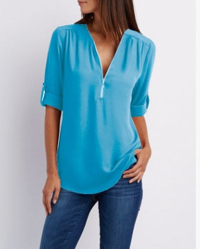 Casual Zip V-Neck Top – Loose Fit Summer Shirt
