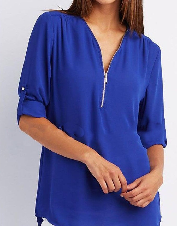 Casual Zip V-Neck Top – Loose Fit Summer Shirt