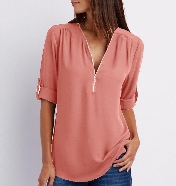 Casual Zip V-Neck Top – Loose Fit Summer Shirt