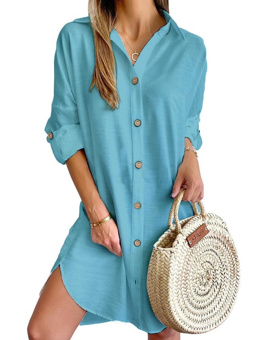 Elegant Button Shirt Dress – Casual Long Sleeve Summer Outfit for Women