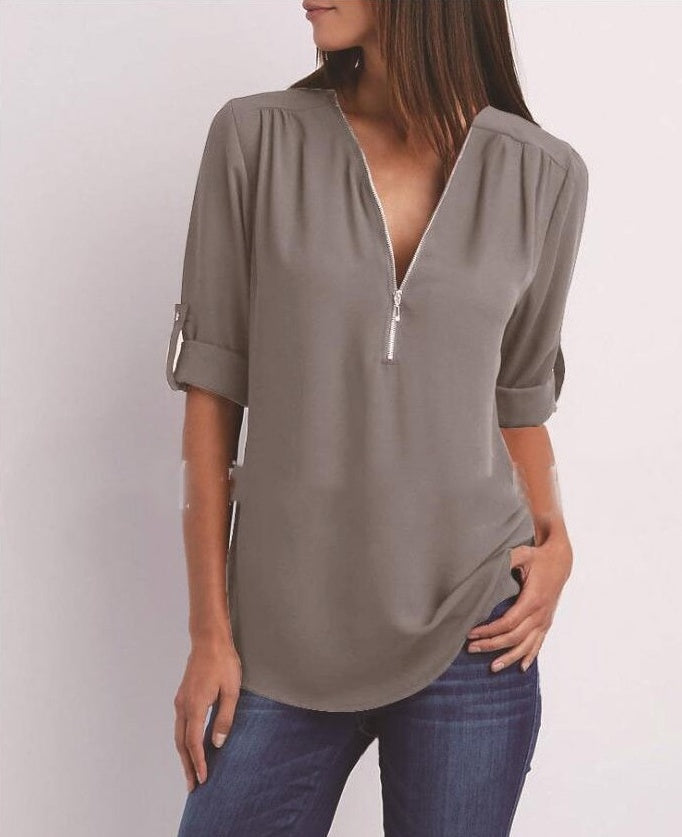 Casual Zip V-Neck Top – Loose Fit Summer Shirt