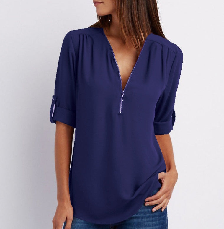 Casual Zip V-Neck Top – Loose Fit Summer Shirt