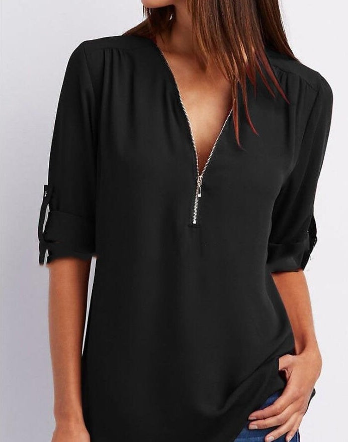 Casual Zip V-Neck Top – Loose Fit Summer Shirt