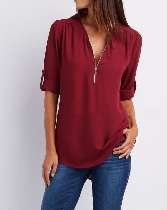 Casual Zip V-Neck Top – Loose Fit Summer Shirt
