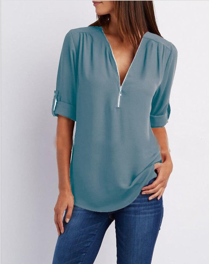 Casual Zip V-Neck Top – Loose Fit Summer Shirt