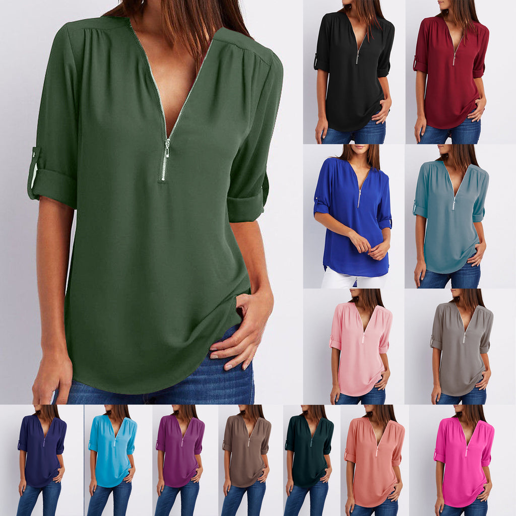 Casual Zip V-Neck Top – Loose Fit Summer Shirt