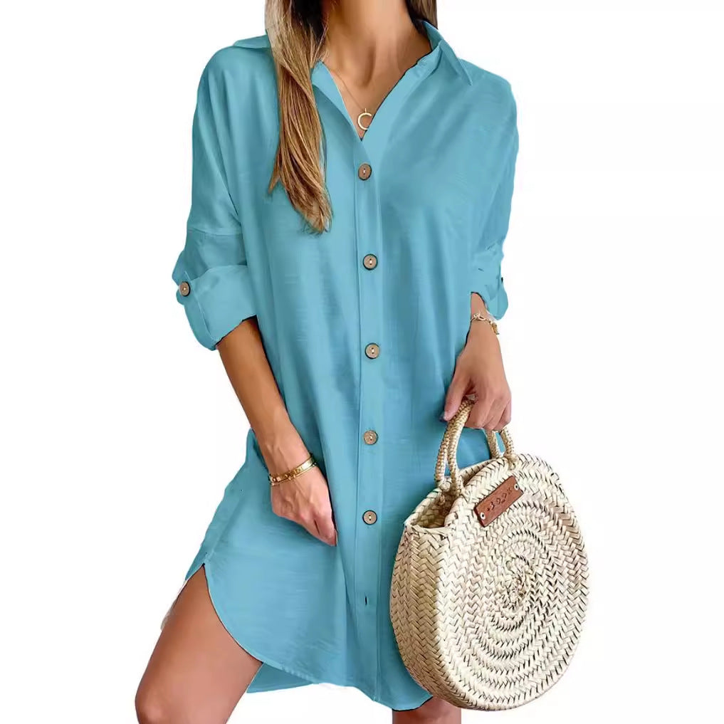 Elegant Button Shirt Dress – Casual Long Sleeve Summer Outfit for Women