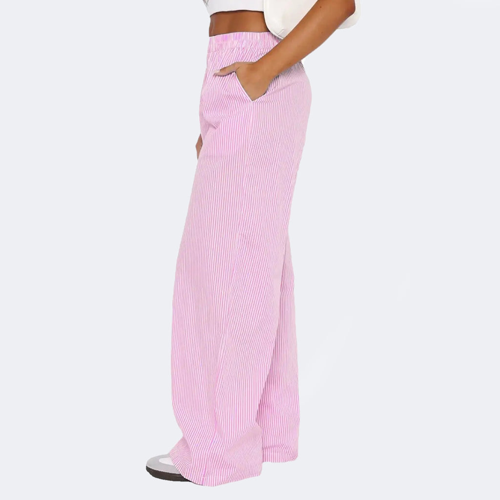 Elegant Striped Wide Leg Trousers for Women – High Waist Casual Pants