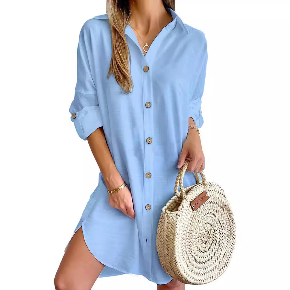 Elegant Button Shirt Dress – Casual Long Sleeve Summer Outfit for Women