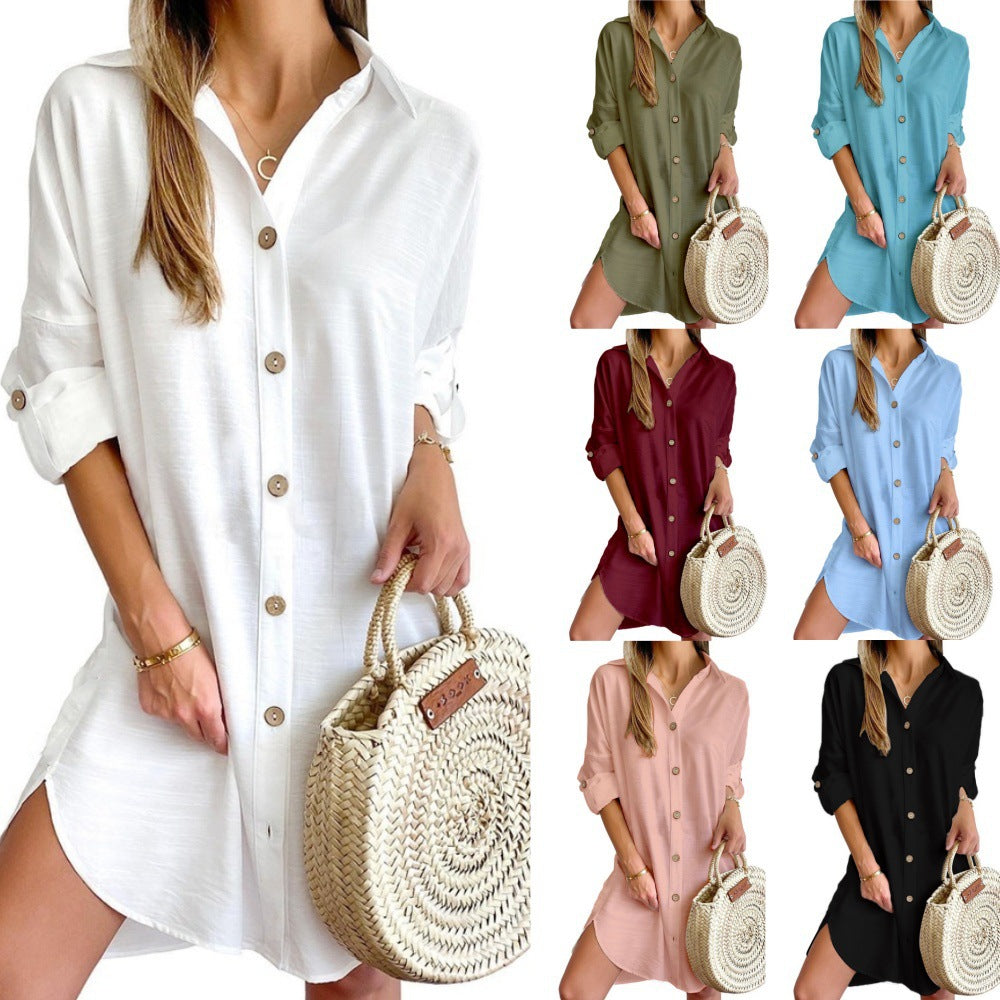Elegant Button Shirt Dress – Casual Long Sleeve Summer Outfit for Women